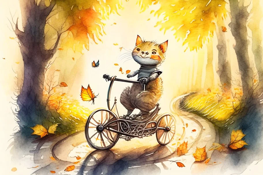 Cute little happy cat scarecrow riding a trike, forest path background, autumn, leaves swirling, waterfall, reflection, mist, sunrise, smooth intricate photorealistic hyperrealistic high definition beautiful lighting pencil sketch watercolor dramatic lighting storybook illustration polished Deep shadows deep color warm light