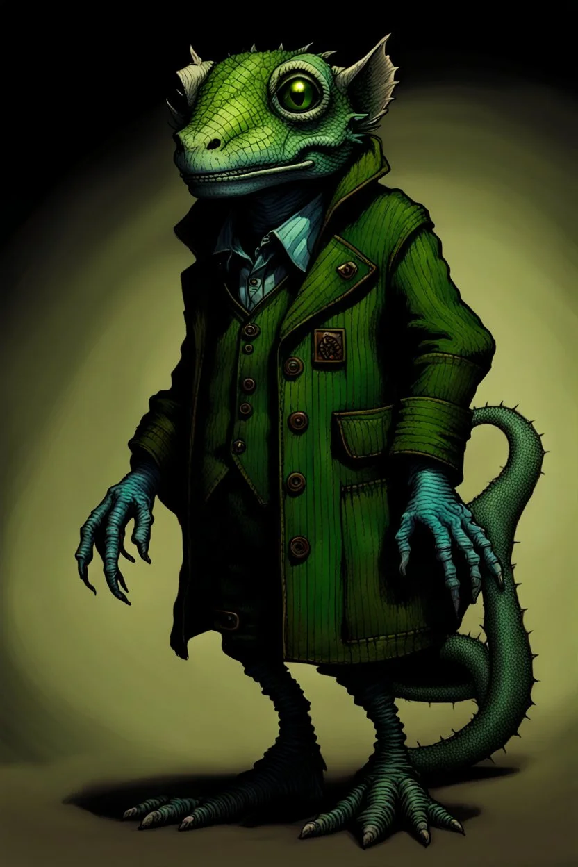 Artist Jean-Baptiste Monge style. A old biomorph male humanoid with Lizard face. Bright eyes. A green and blue striped outfit. Modifiers: Tim Burton Craig Rutkowski Modifiers:neon glowing Iridescent black ink