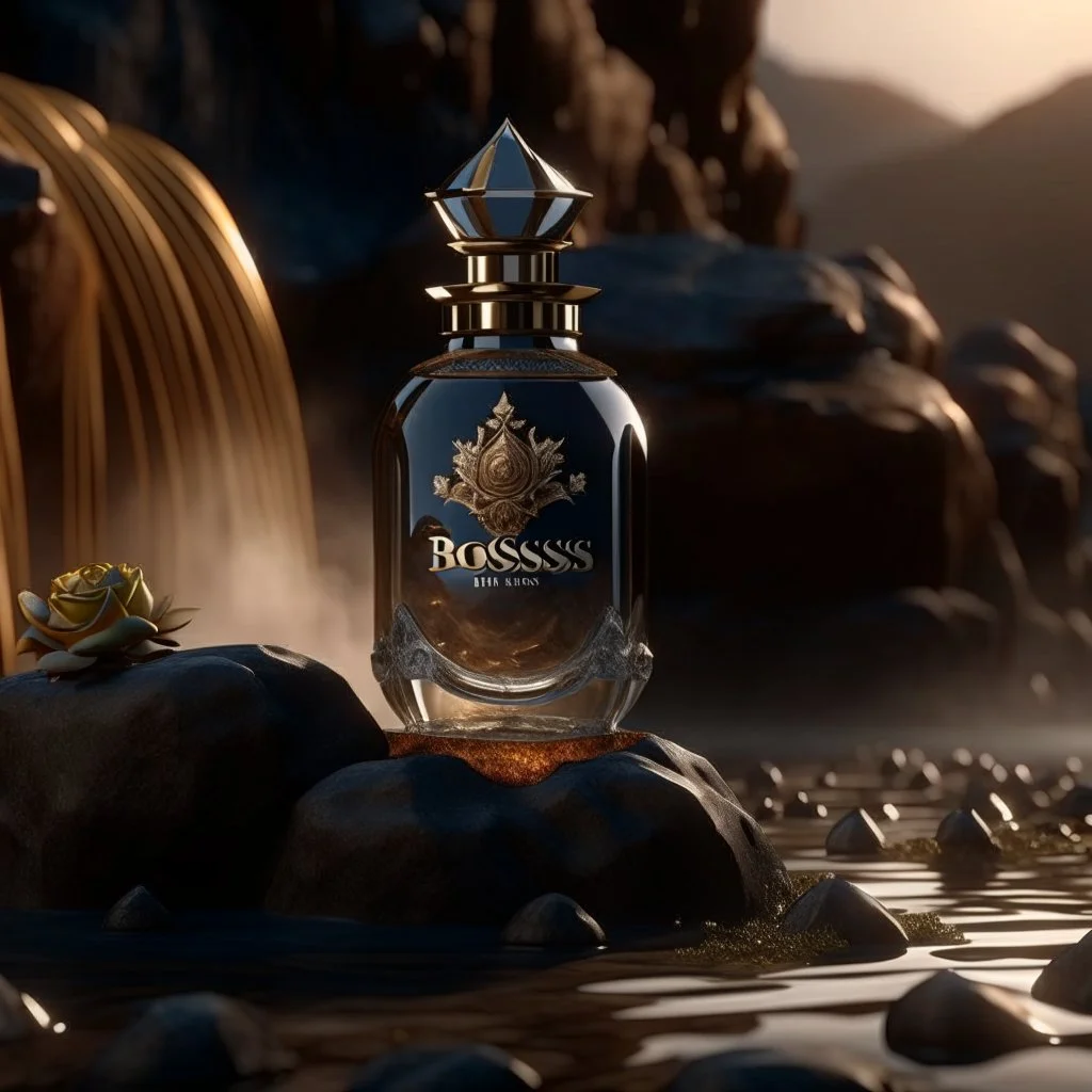 social media ad post for boss brand royal perfume .steam in the background. dramatic on rock cinematic croissant .cinematic,8k high cualitcy