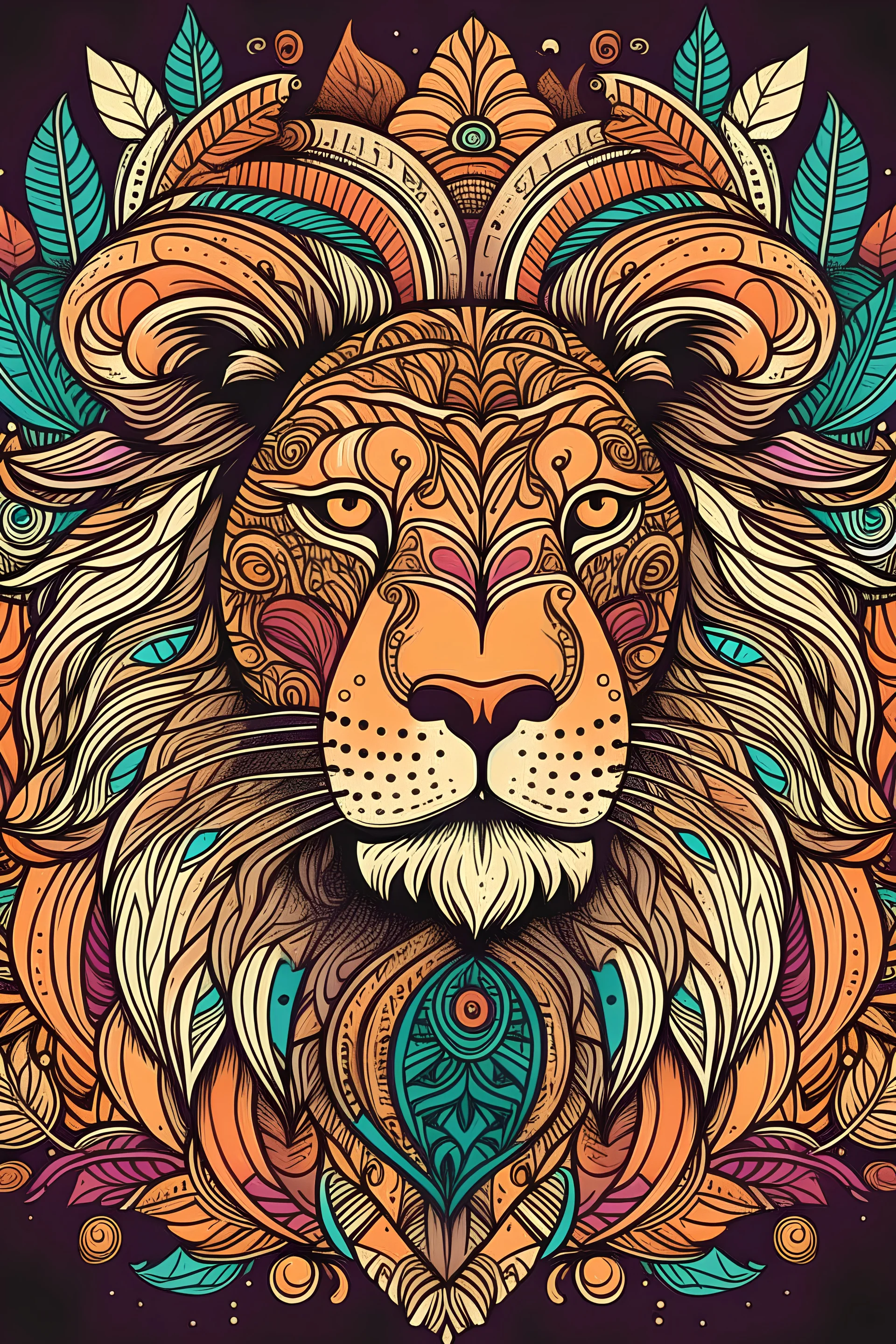 create a line art boho lion with maximilistic colours