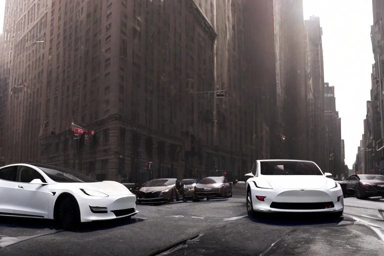 A Tesla 'Model S' is drifting at high speeds, on 'Wall Street', in New York. (CINEMATIC, WIDE ANGLE LENS, PHOTO REAL)