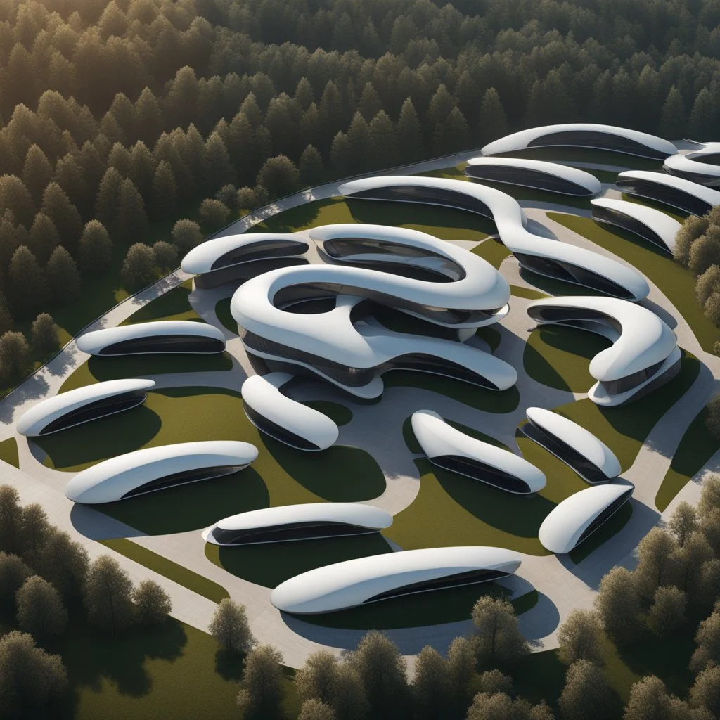 Complex of ten oval cabins, Zaha Hadid style, aerial view, ultra quality, hyper-detailed, digital art, 8k 3D, trees, parking lots, people