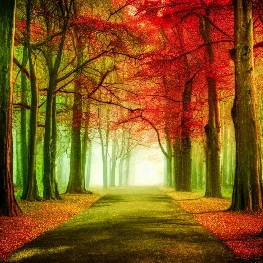 bleeding forest, fantasy, anatomy heart trees, brick road through the forest