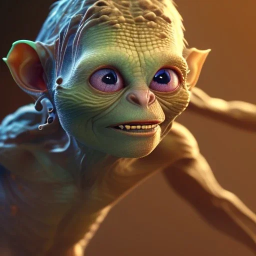 pixar art style of cute gollum inside cave, full body, by mobeius, au naturel, hyper detailed, digital art, trending in artstation, cinematic lighting, studio quality, smooth render, unreal engine 5 rendered, octane rendered, art style by klimt and nixeu and ian sprigger and wlop and krenz cushart