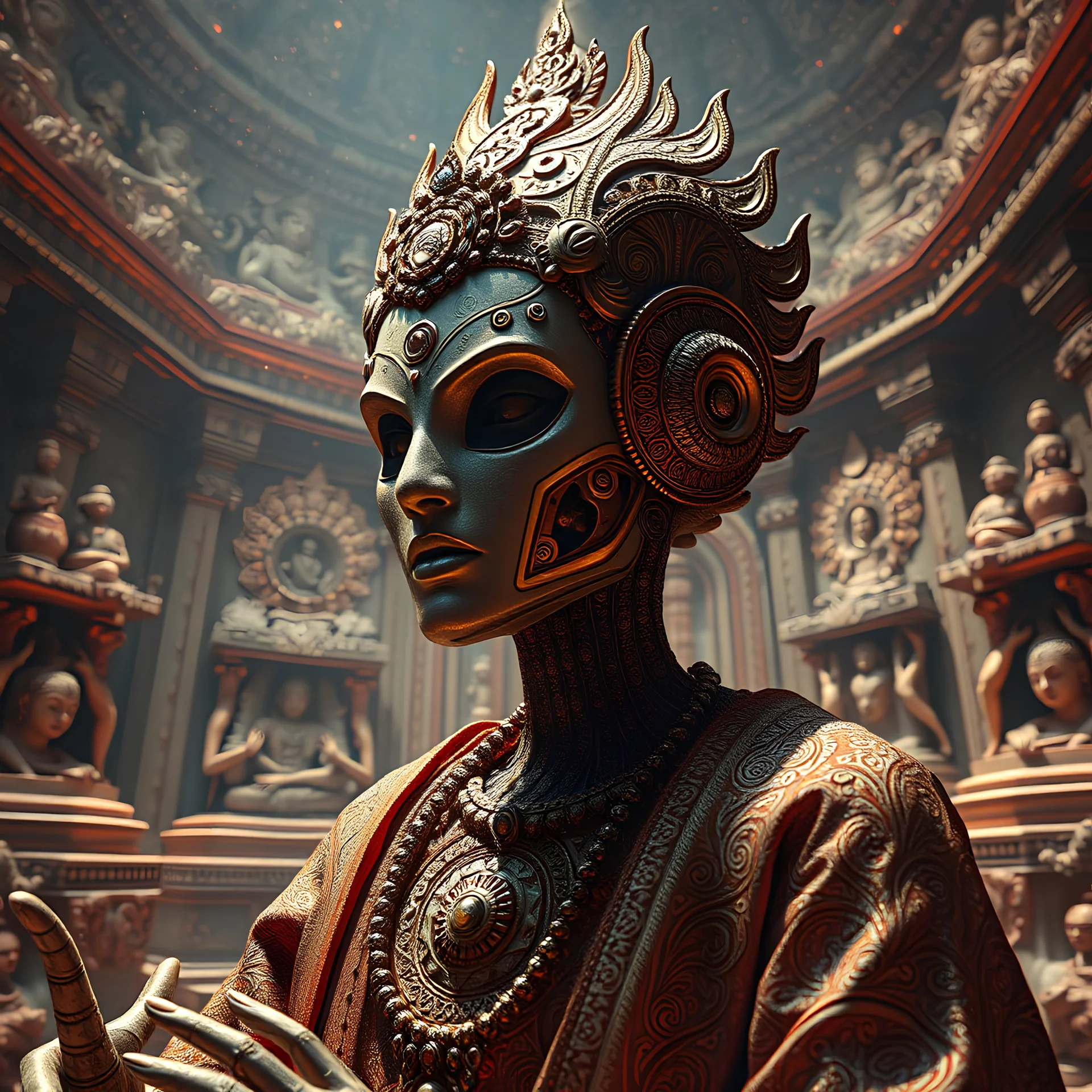 Photorealistic. Hypnotic Perspective. Space Opera, Psychonaut, Enlightenment, samadhi. Tantric Psychedelic Tripping robot Monk, hallucinating an illusion. Sparkles scintillate through the air. Everythings is covered in an intricate etched fractal paisley pattern.alien temple with hindu like sculptures and motifs.