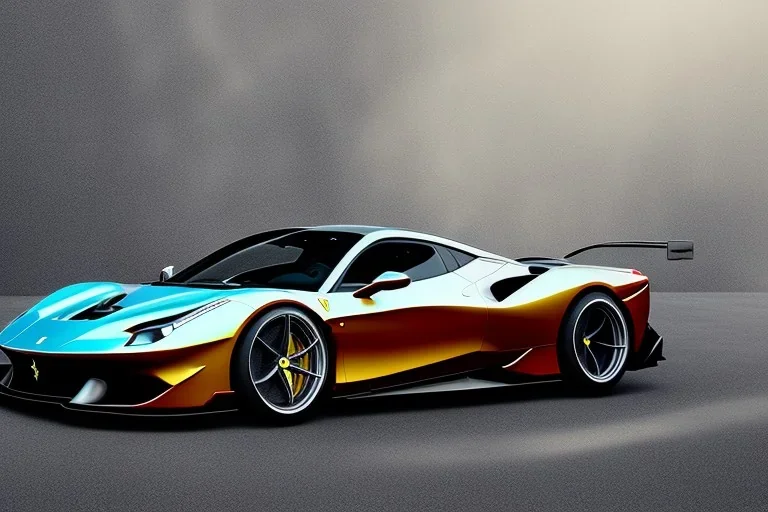 a true-to-life 2023 clear deep shiny chromatic rainbow colors Ferrari 488 speciale La Ferrari, 2-door, wide-body, pandem, rocket bunny,carbon fibre, drift car, classic hotrod wheels and rims, ultra realistic, professional artwork, concept art, d detailed, 8k, sharp focus, centered camera, art