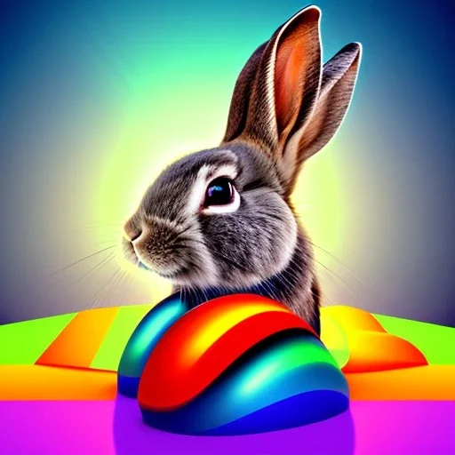 A rabbit is sliding on the rainbow.