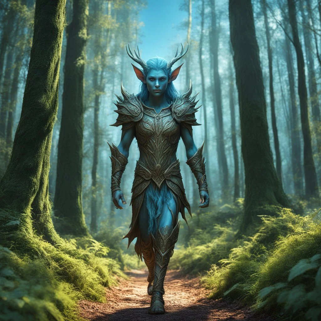 Imagen de arte lineal de un elfo hombre caminando en el bosque, vista frontal, calidad ultra, hiperdetallado, 8k, 3d, colores complementarios, cielo azul