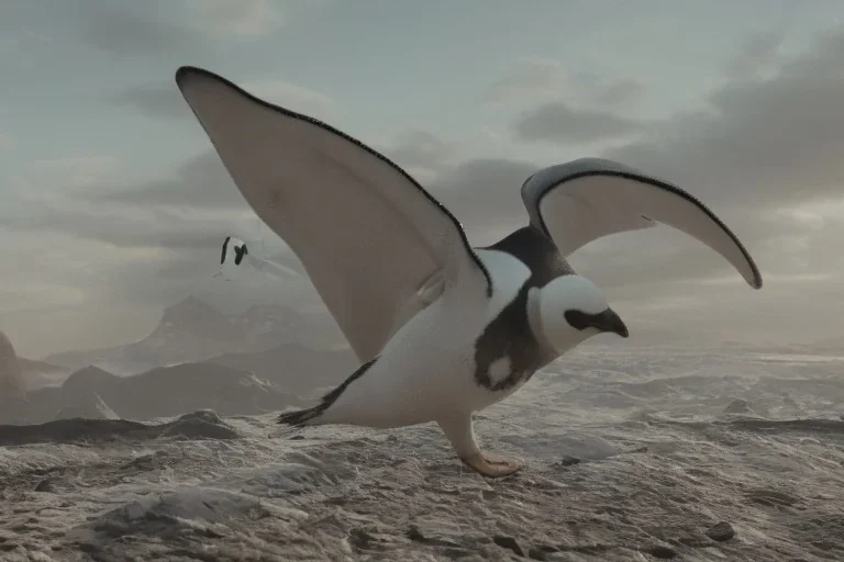 penguin flying in the sky with his two wings