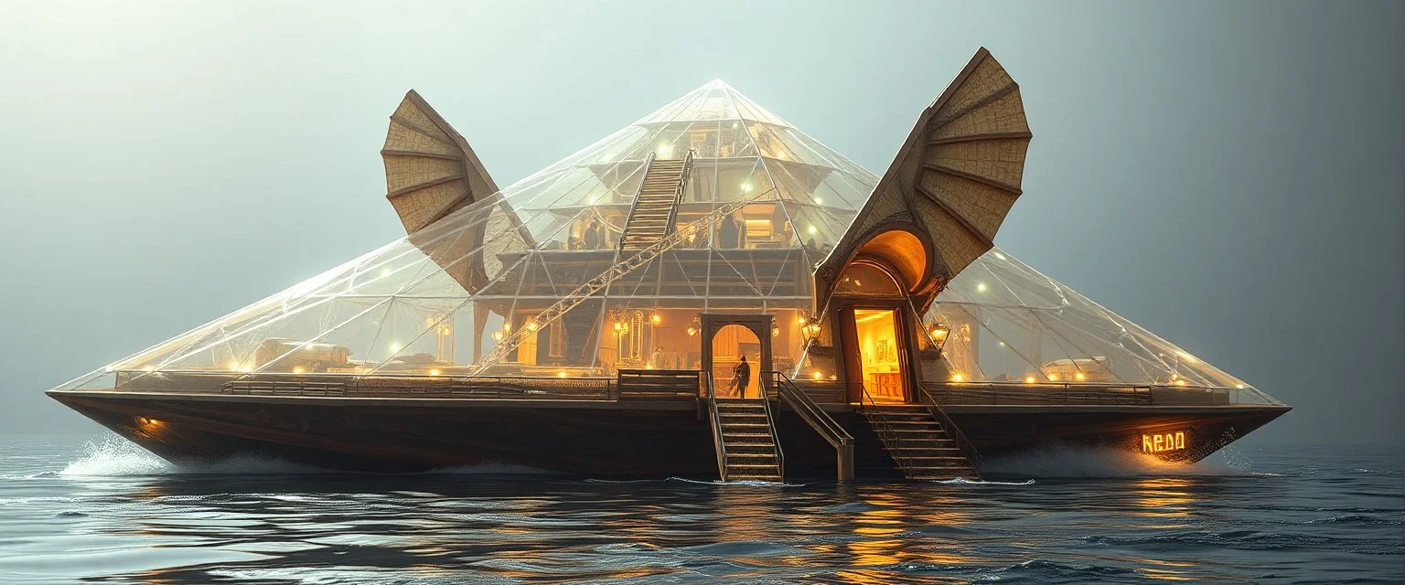 benign transparent superwood alien mega scifi pyramid katamaran ark boat with superwood draw bridge and wing doors