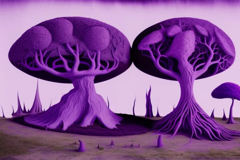 purple trees in a surreal landscape by artists "Leonora Carrington" and "Max Ernst"