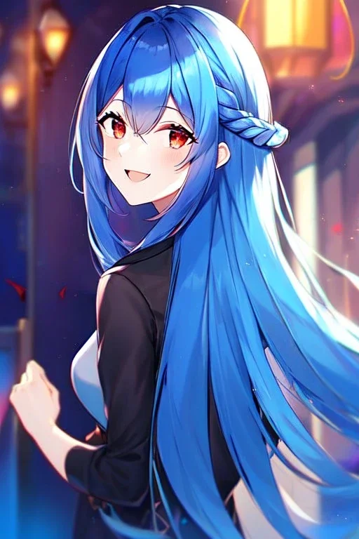 girl, masterpiece, best quality, cinematic lighting, detailed outfit, vibrant colors, perfect eyes, blue hair, red eyes, long hair, laughing, braided ponytail, looking back,