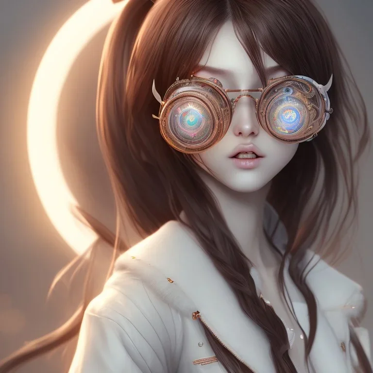 Seting Korean gamer girl , long Brown hair, White headfone, hands on the Chen, round circle glasses ,elemental face, Unreal Engine 5, highly detailed, highest quality, digital painting, complex 3d render, unreal engine render, insane detail, intricate photograph quality, magnificent, highly intricate, Realistic photography