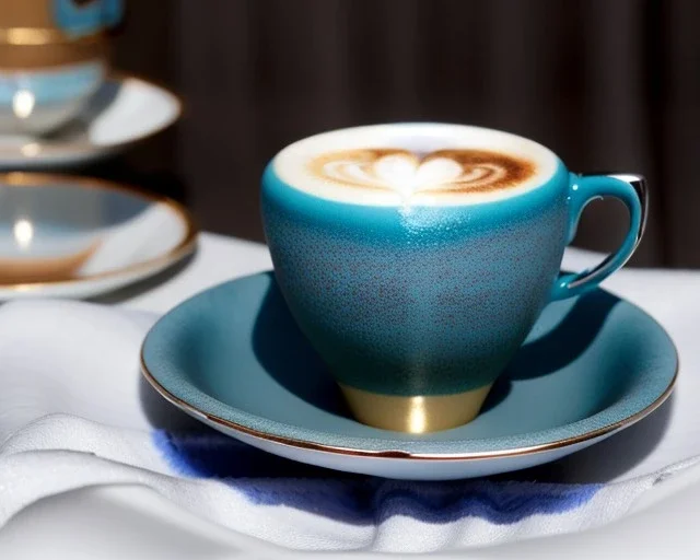 Cappuccino art microfoam in teal cup saucer Crawford plaid napkin Demitasse