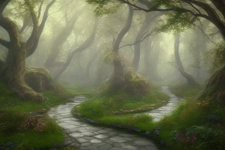  winding stone path lit river