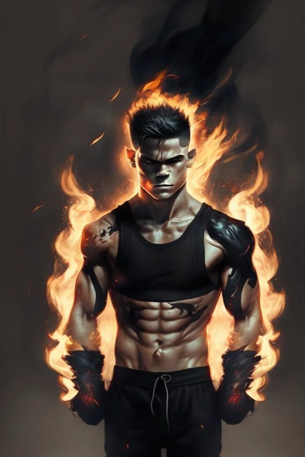 Boy with muscle and black clothes and power fire