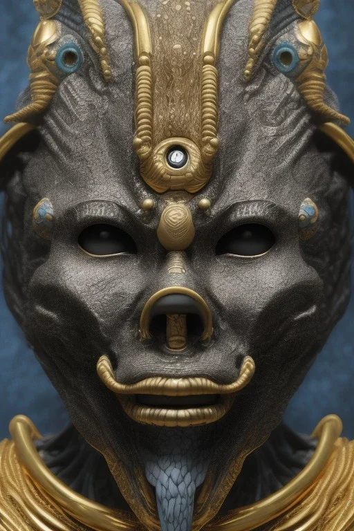 Anunnaki black male African Egyptian alien, cracks in the voodoo head, wicked, eyes, Elephant, 8k, finely detailed, photo realistic, tiger turquoise skull head gold dragon helmet space alien silver surfer skeleton gold olmec silver crown silver eyes