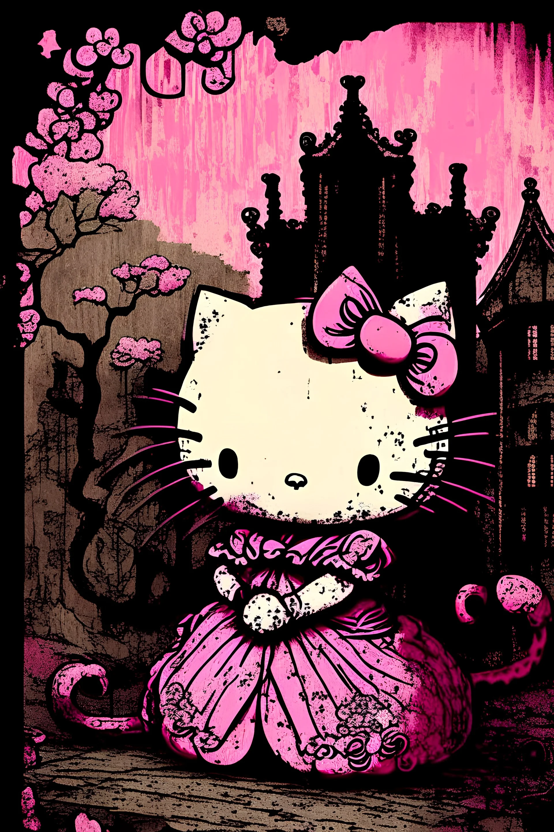 hello kitty in the style of arthur rackham, pink tones.
