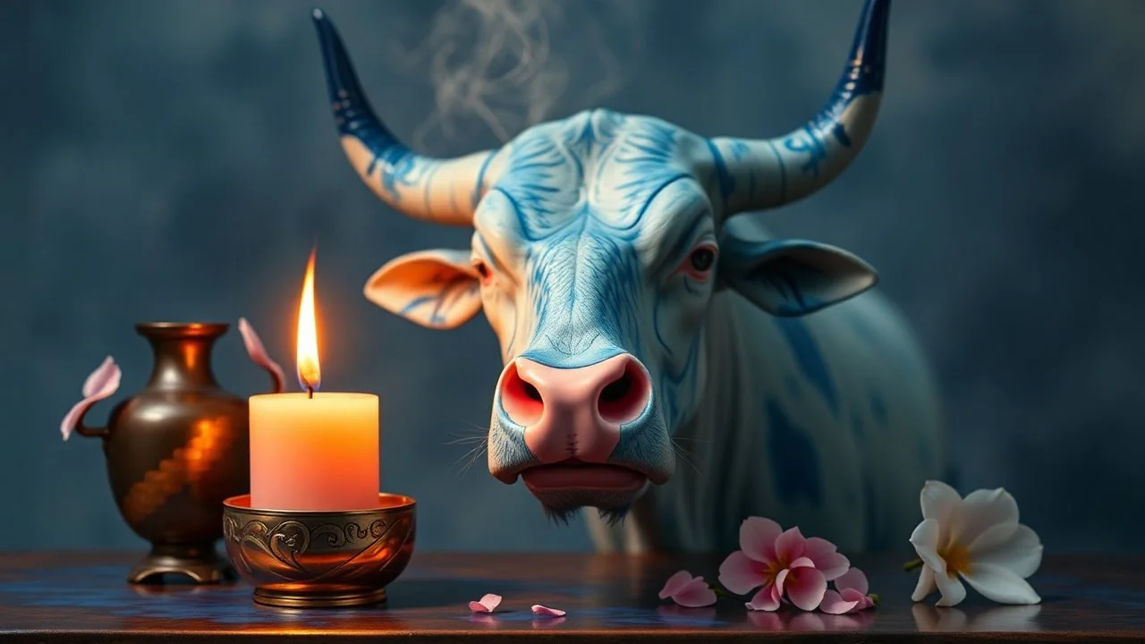 The jasmine-scented candle dyes the bull's face blue