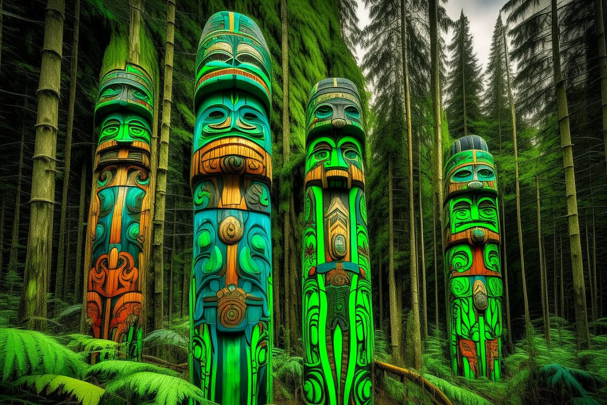 A green cybernetic forest designed in pacific Northwest totem poles painted by Gustave Courbet
