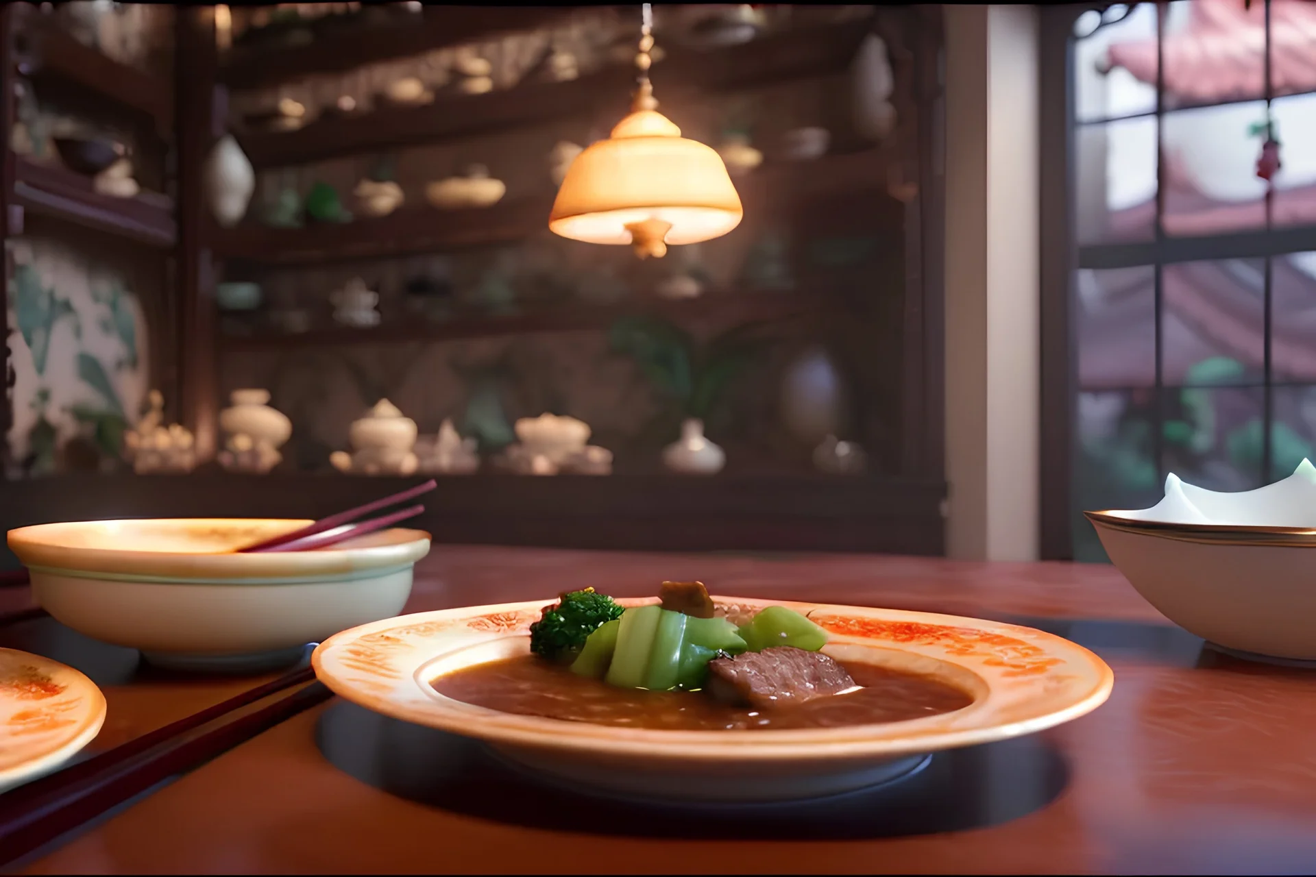 Photographie gastronomique d'un menu asiatique traditionnel: potage, des ha kao, des nouilles sautées au bœuf saté., fruits et légumes exotiques, Belle table de restaurant, vaisselle est en porcelaine de Chine et en argent, Éclairage parfait, reflets discrets, proportions réels, instagramable, photo de une de magazines, majestueux, royal, magnifique, 8k, hdr, cinema 4d, rendu octane, unreal engine 5