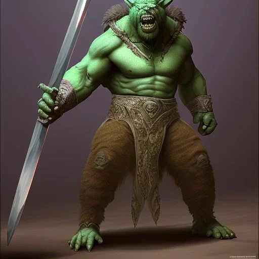 orc mage, Height 250cm, Weight 200kg, Skin color green, Has predator-like eyes, fangs, and claws He holds an old cane in his hand. Kills humans with ferocious accuracy, Intelligence is that of a human child. Wears crude silk armor