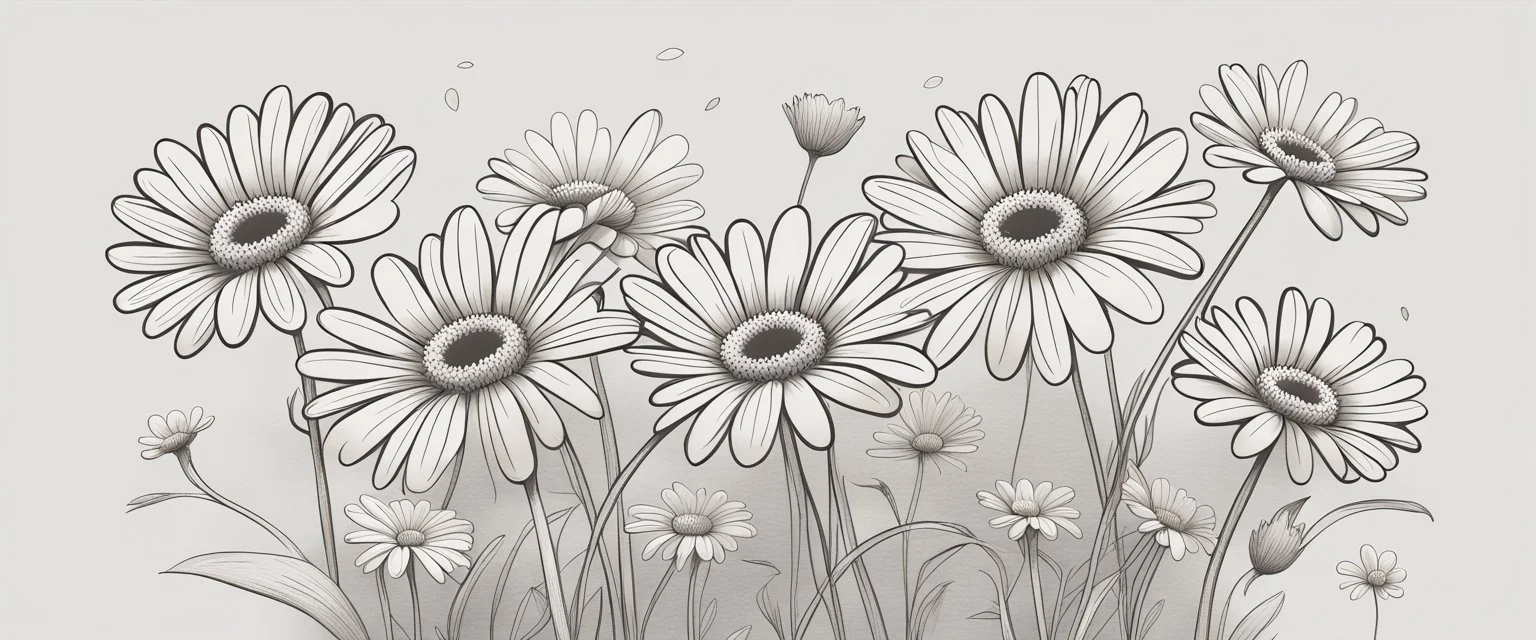 linework daisies, flowing in the wind, spring, simplified