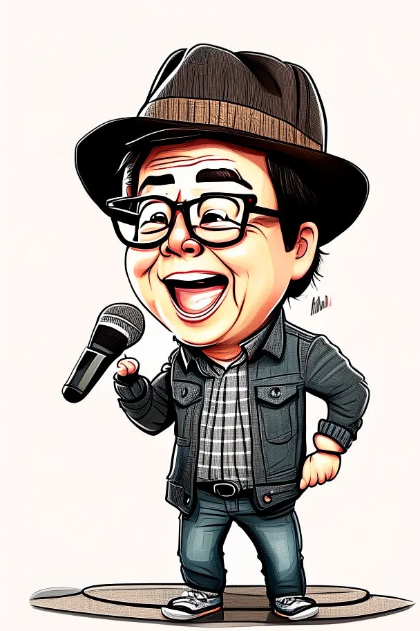 Drawing of Gustavo Petro with hat, jeans and shirt speaking in a speech full body chibi