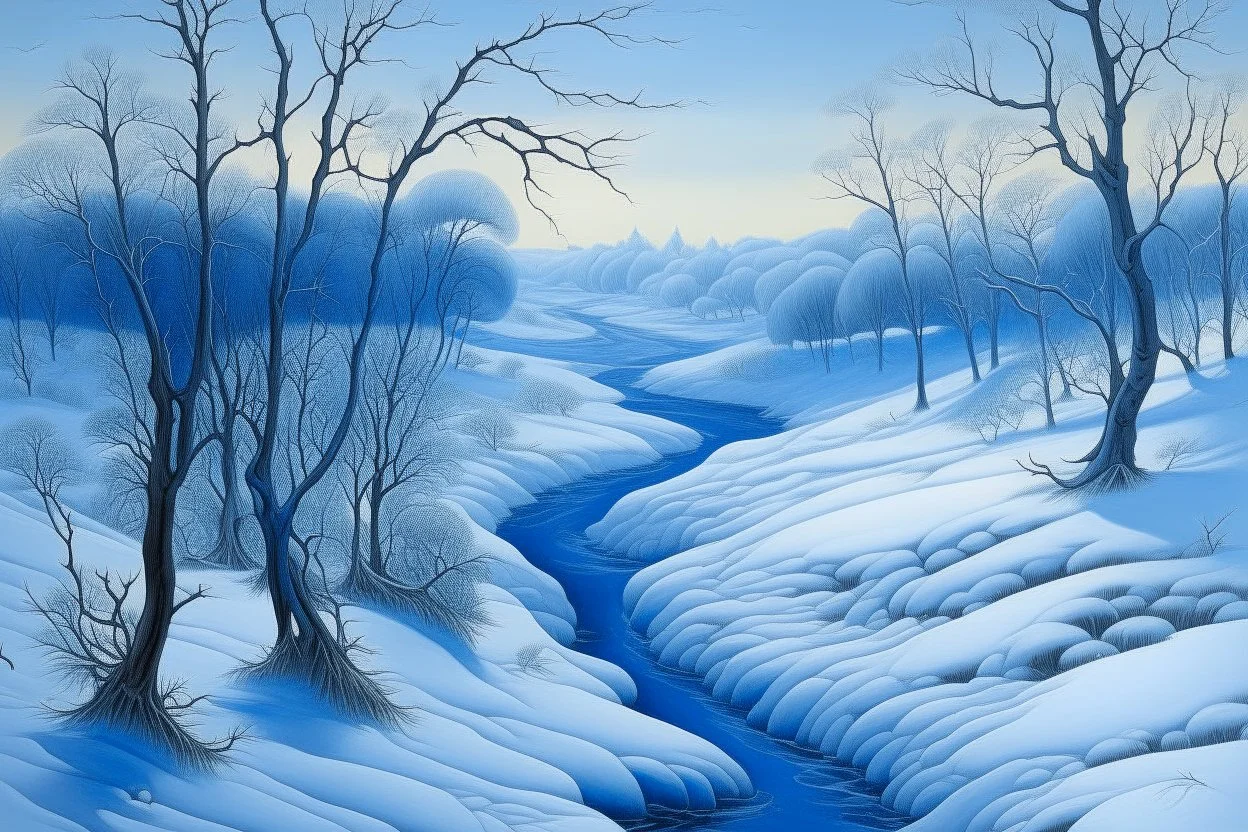 A blue snowfield with a frozen creek designed in Indian Gond art painted by Caspar David Friedrich