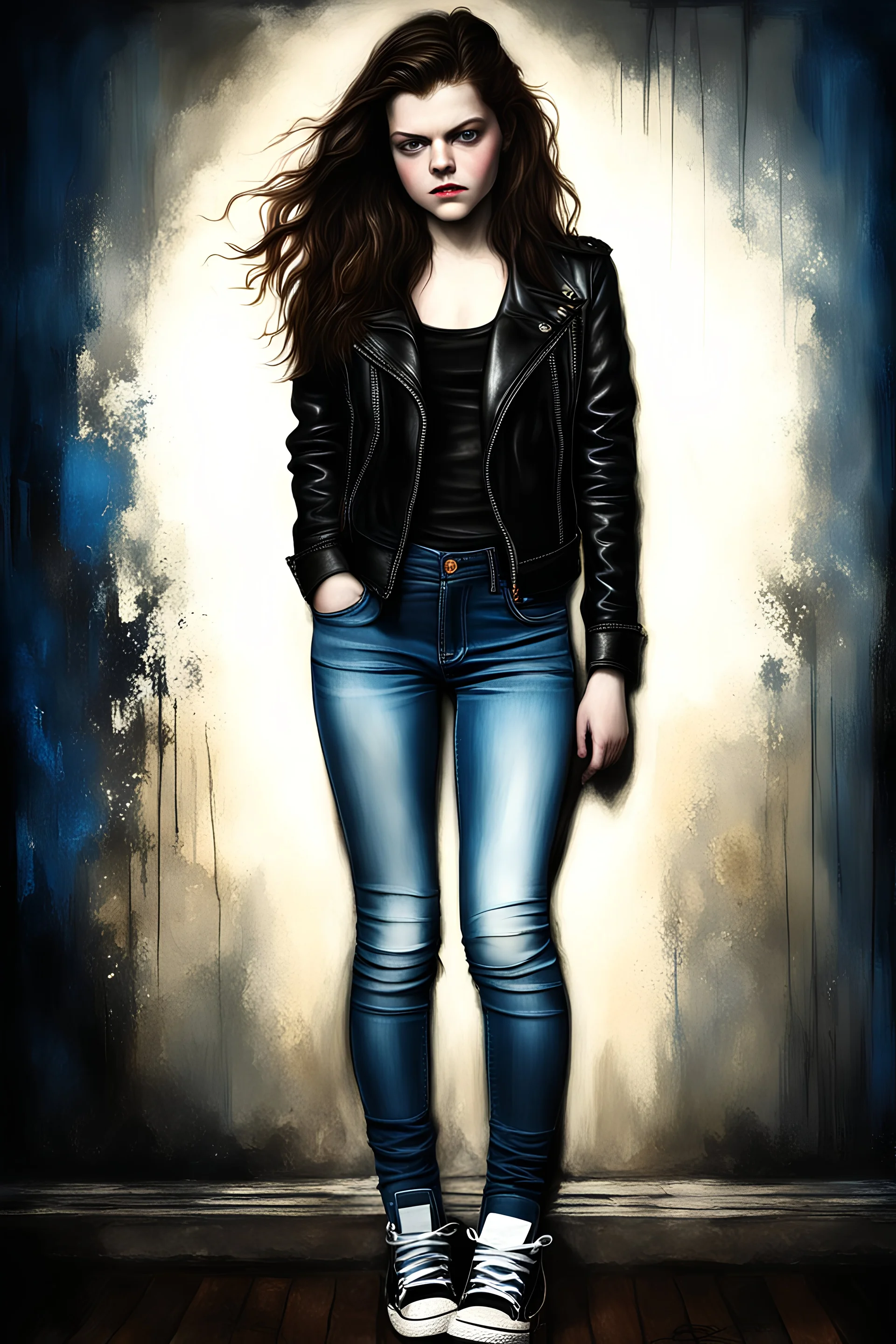 Full body Portrait - digital photograph, chiaroscuro, deep shadows, fairytale, 20th century masterpiece, rich deep colors, highly detailed portrait, beautiful, extremely gorgeous Georgie Henley wearing a black leather biker's jacket, a black "Iron Maiden" T-shirt, Blue Jeans, black Converse sneakers,