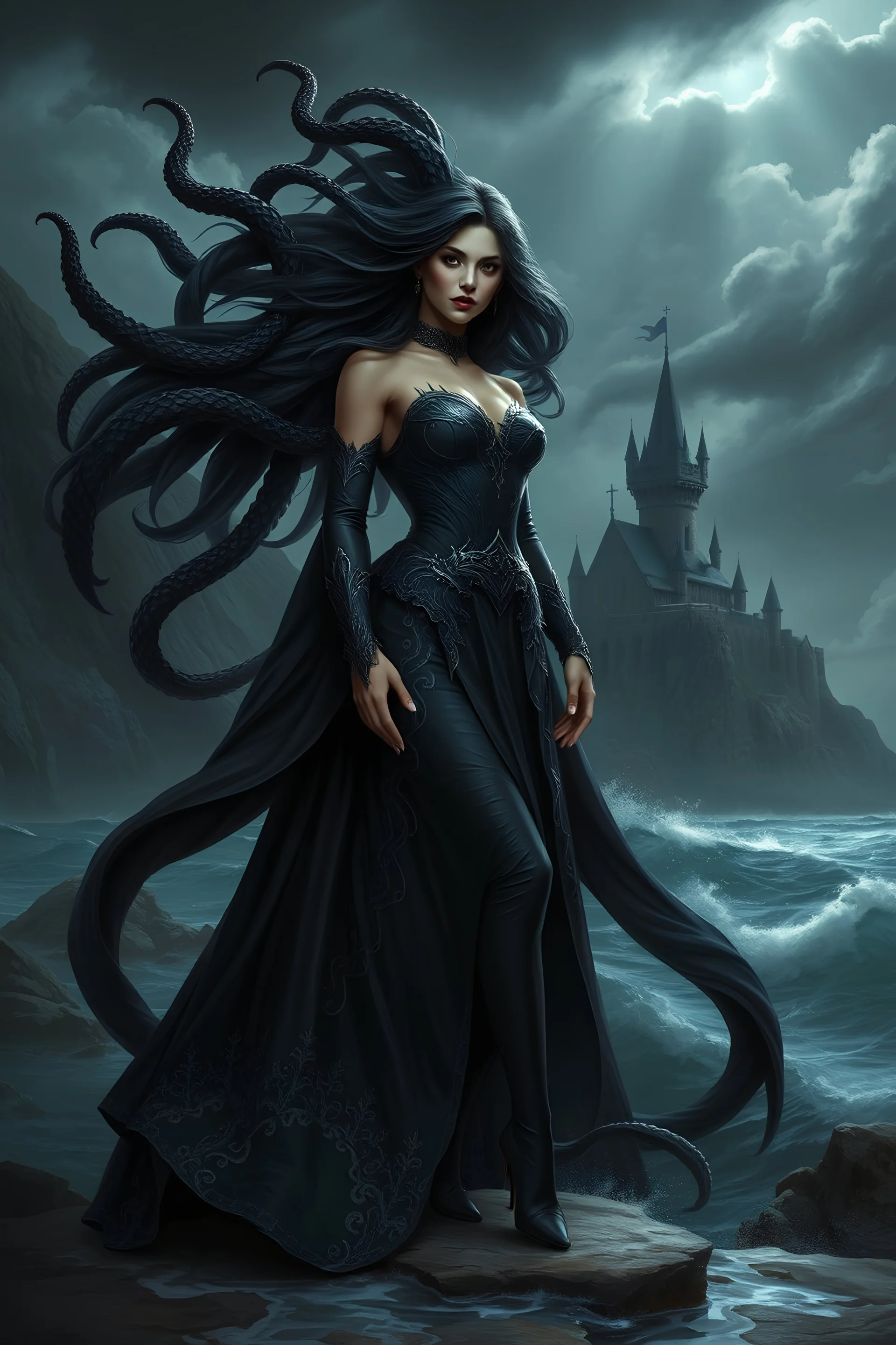 A powerful woman with dark, flowing hair resembling tentacles, wearing a dramatic black gown with intricate silver details, standing on a rocky shore with crashing waves. The background features a dark, gothic landscape with towering cliffs and a mysterious castle. The sky is filled with ominous clouds, adding to the dark, fantasy atmosphere. The scene is illuminated with soft, eerie light, highlighting the woman's regal and commanding presence. Digital painting, high contrast lighting, highly d