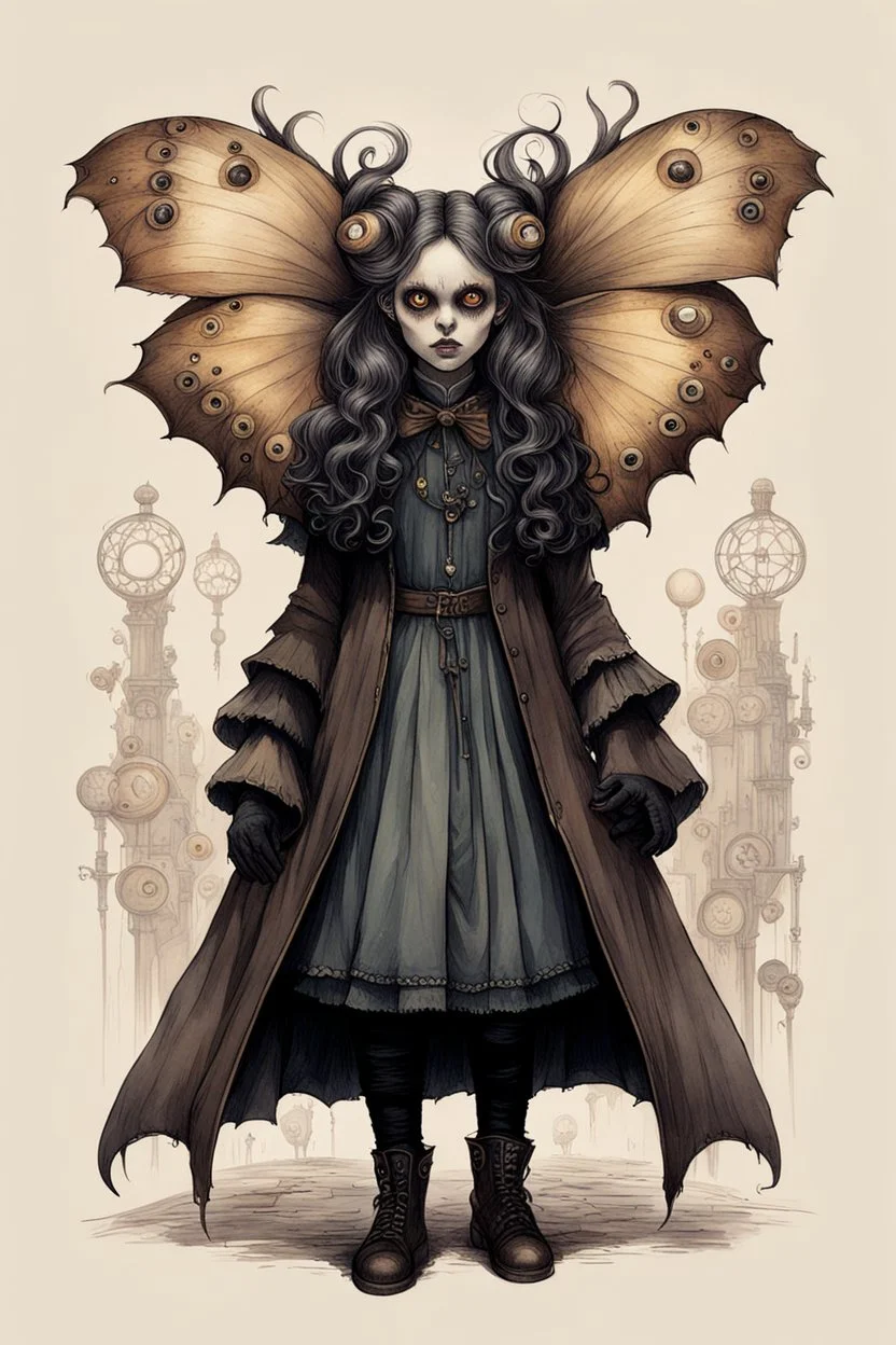 Jean-Baptiste Monge style 19th century hand drawn full body illustration of a walking hybrid Polyphemus moth goth girl, with highly detailed facial features with multi cellular eyes, drawings, 8k, vibrant natural colors,