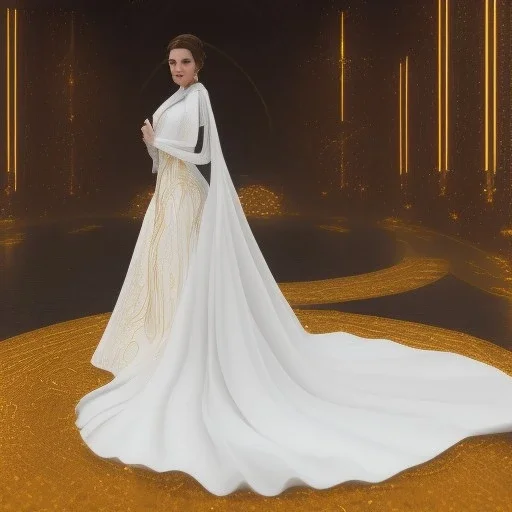 model shoot style, digital art portrait of (Princess Leia) ((dressed in white and gold gown)), surrounded by stars, ultra-detailed, ultra quality, ((official character art)), (dark fantasy), illustration, eerie atmosphere, 8k, cinematic lighting, bokeh