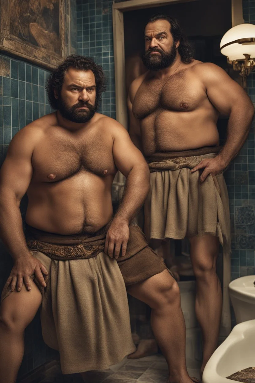 two ugly angry muscular chubby arabs 33 years old similar to bud spencer, very detailed, full figure shot, very realistic photography, dim light, view from below, tiled restroom, tattoo, masculine bearded, mature barely burly bearded muscled and robust, photorealistic, strong side light