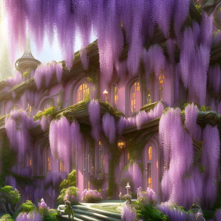 a magical flower wisteria house in the woods, pink vertical, sharp, vines, candlelit, endor, ornate, elegant, highly detailed, artstation, concept art, smooth, sharp focus, illustration, 8k, splash art, wallpaper, key visual