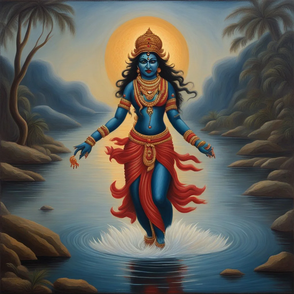 An oil painting of goddess Kali crossing a lake