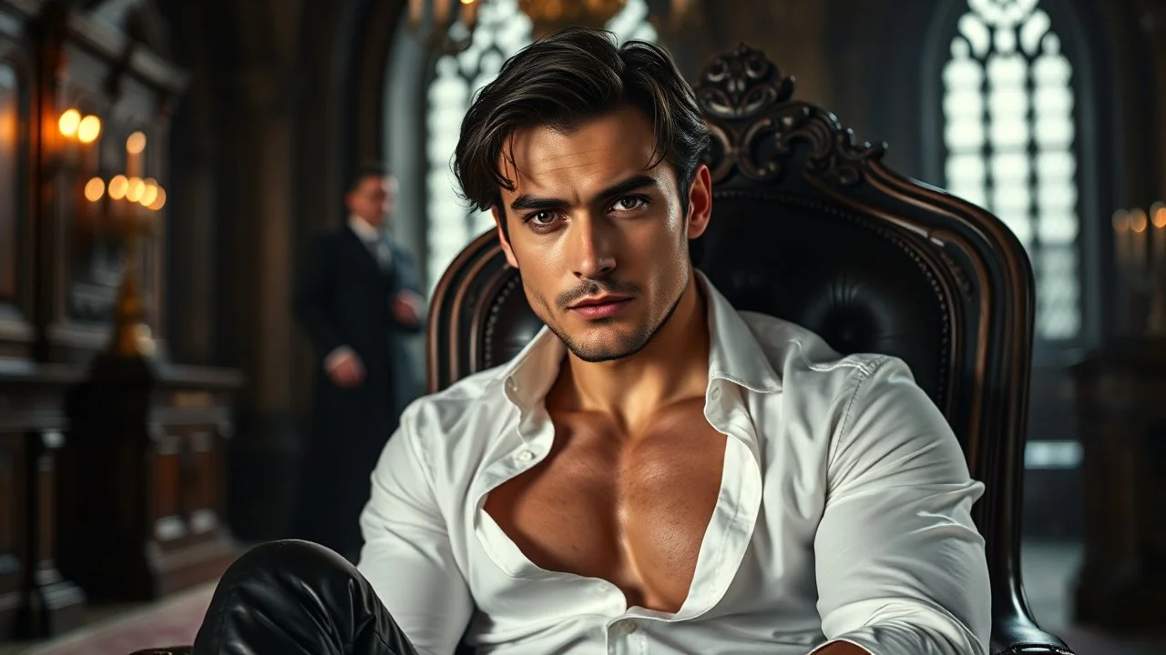 A breathtaking cinematic portrait of a handsome, muscular man around 35 years old sitting confidently in an elegant Victorian armchair inside a dark Gothic castle room. He has medium-length dark hair, dark eyes, subtle stubble, and an intense, determined gaze looking directly into the camera. His white shirt is partially unbuttoned, revealing part of his chest, with fitted black leather trousers, Gothic room. in background a blur vampire voman stands, detalied, cinematic