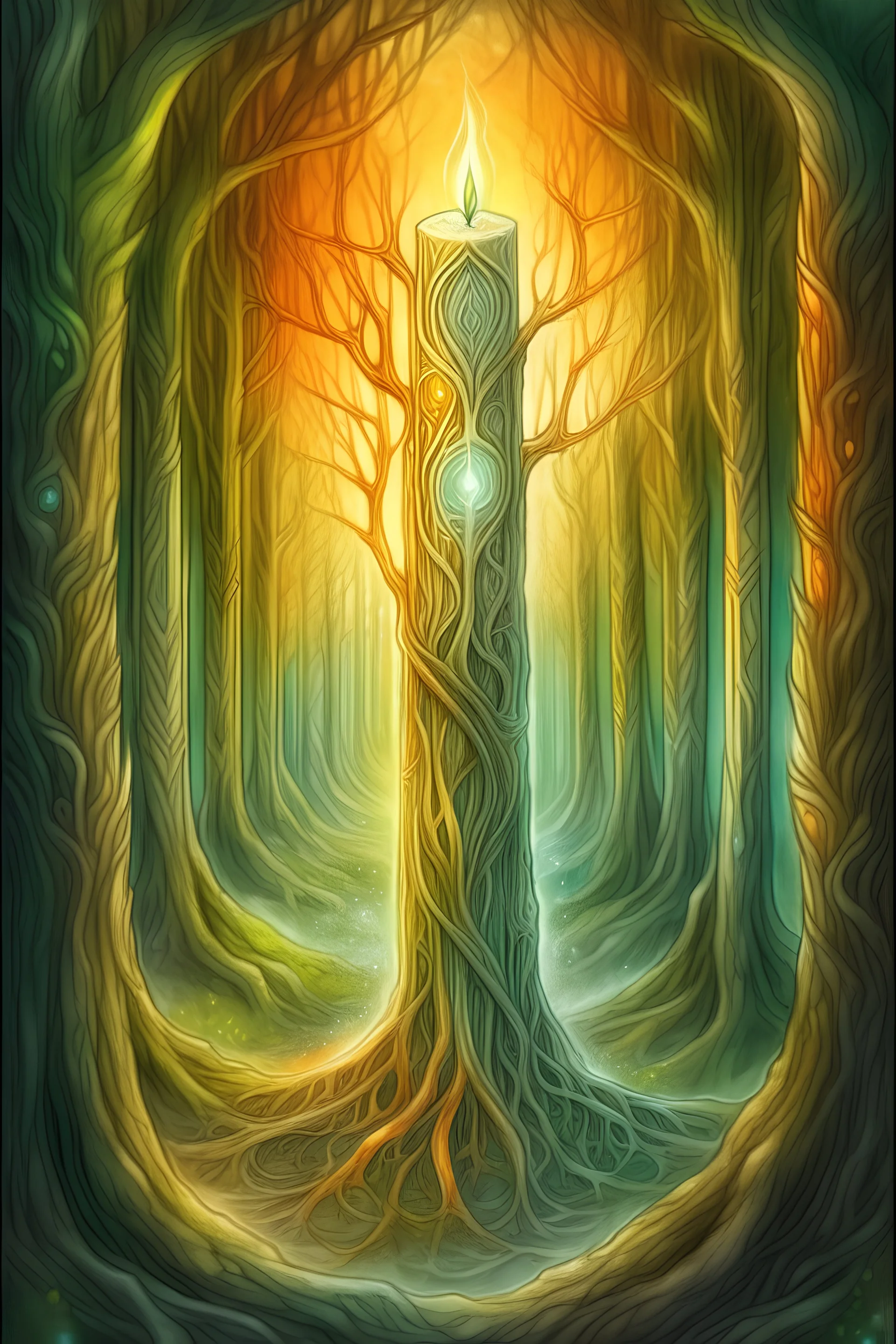 Ace of wands tarot card with a dreamy and mystical appearance magical runes glowing, shiny and shimmering, drawn with crayons, mystical moonlit forest background, ethereal aura surroundings, soft and dreamy color palette, artistic, hand-drawn, mystical, fantasy, moonlit forest, glowing runes, ethereal aura, soft color palette, dreamy lighting with orange and green patterns