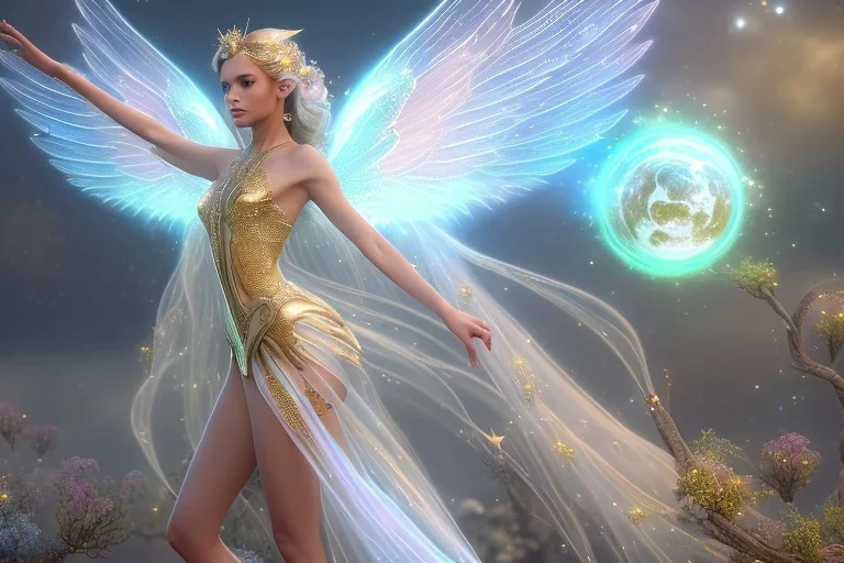  beautiful cosmic fairy, long hair, golden skin, nice smiling, transparent wings, magic glamour make up, delicate colors, beautiful glamour galactique dress, ultra sharp focus, 8k, unreal engine 5, extremely sharp detail, light effect, soft light atmosphere of a spaceship, smooth, full of details, face in front, complete vision of face and hair and body