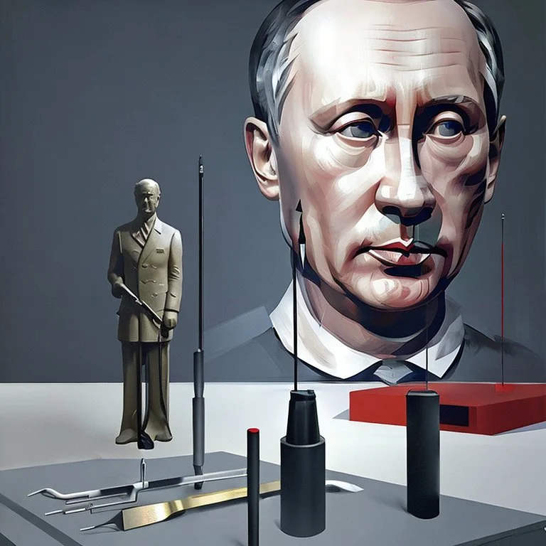 Putin Looking At A Statue Of Xi Jinping,complex surgical instruments,a sickle intermixed with a Axe, prosthetic legs,minimalism,Painting By Adrian Ghenie,Lucian Freud,Rene Magritte,Salvador Dali