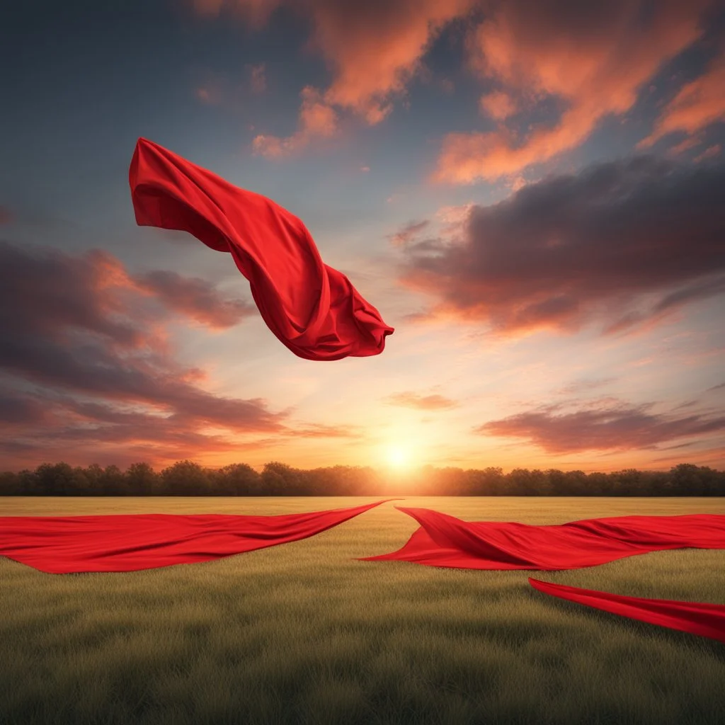 Hyper Realistic Field Sunset With Red Cloth Flying