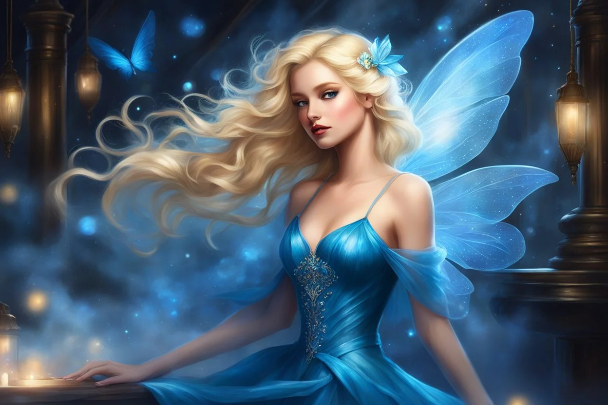 The modern blonde Faerie in a nightclub: Where she passes, heads turn as if drawn by some silk siren's song. blonde hair flows freely down her back, starlit skin aglow against a cerulean dress that leaves little to imagination. When jewel-bright eyes find yours across the smoke-hazed room, you feel the breath leave lungs all at once. She glides through crowds parting before her magnetism, until lone porchflower graces seat beside your own.