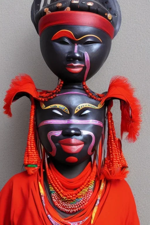 Portrait voluptuous African lady wearing a noh mask, full body shot, full-color medium shot, style of Japanese noh masks