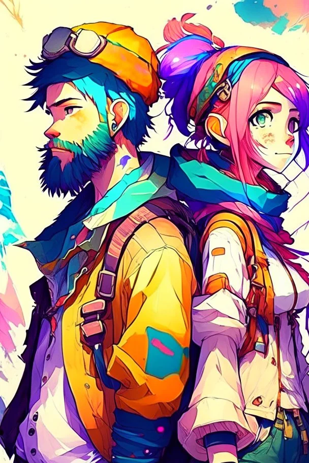 anime couple, adventurers, colorful, man with beard
