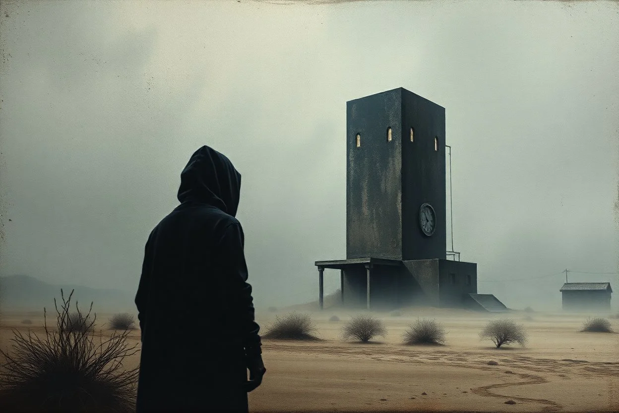 A tall building in the desert , all gray, a shadow of a creatures with hood looking at the house , foggy, blurry , dark and mysterious,painted antique canvas of a Risograph Art of a Art ,into the moody backdrop creates an atmosphere of enchantment and mystery high resolution fine detailed textures fine colors scratches, tears, burn marks, cracks in the paint in the mix style of Joan Miro Gabriel Pacheco, antique extreme canvas textured, blurry old style