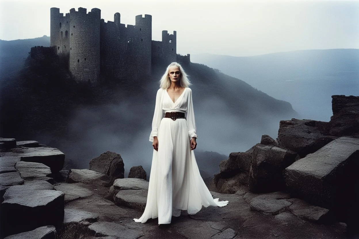 [color photo by Helmut Newton] she has ethereal beauty amidst the mist-shrouded ruins of a stone castle. Her pale skin and white hair shimmered like moonlight. Clad in a white tunic, brown pants, and a leather belt with mysterious pouches, she stands, her silver dagger in hand, in the desolate landscape. her leather bracelets and corset, like a second skin of dark magic, witnesses of the countless battles she won