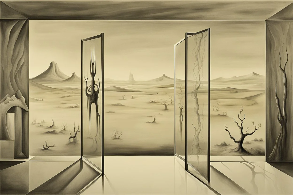 a surreal open glass gate in a glass wall with a view of a desolate landscape, fog, monochrome, strong contrasts, by artist "Leonora Carrington",by artist "Salvador Dali"