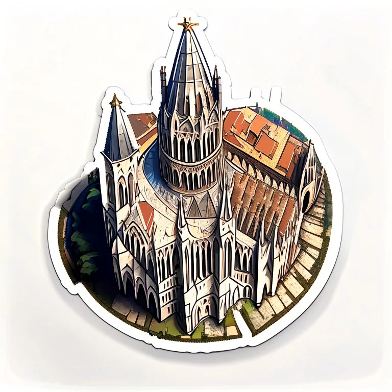 aerial view digital drawing of a medieval cathedral as a sticker