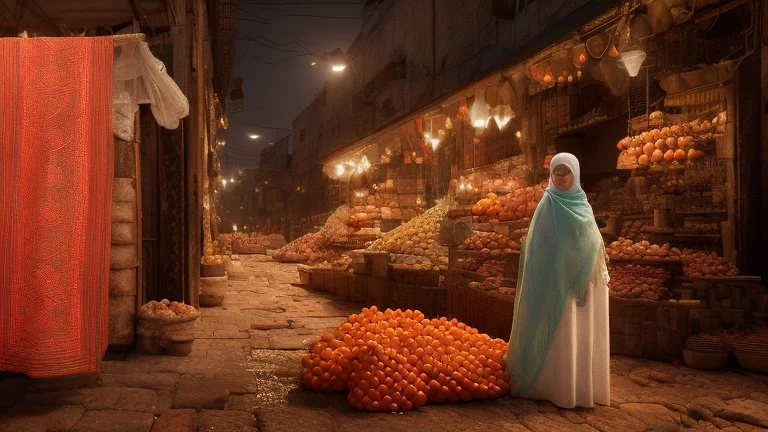 A full-length Palestinian girl wearing an embroidered dress and a white embroidered shawl buys oranges from an old seller wearing a keffiyeh in the market of Jerusalem, 100 years ago, at night with multi-colored lights reflecting on her.