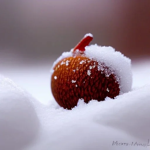 tiny acorn covered in snow, warm colors, soft lighting, snowdrift, pixar animation